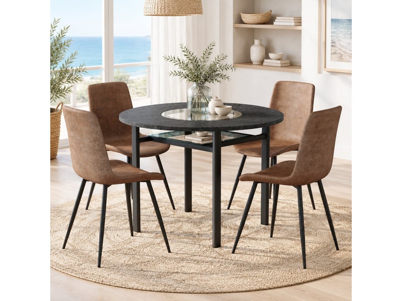  Ensemble table à manger ronde 100 cm avec 4 chaises en tissu marron et métal noir  - Conforama B