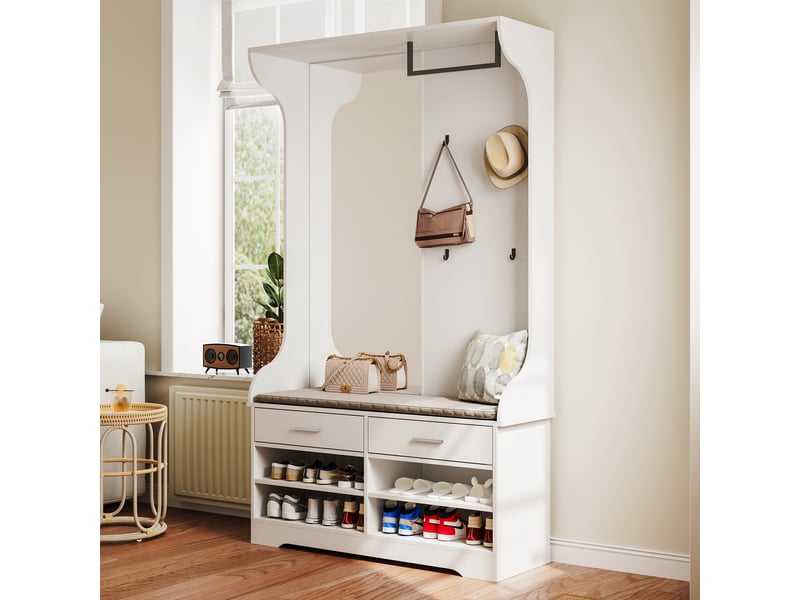  Meuble d'entrée multifonctionnel 104 cm – vestiaire blanc avec miroir, patères, barre de penderie, tiroirs et étagères à chaussures  - Conforama E