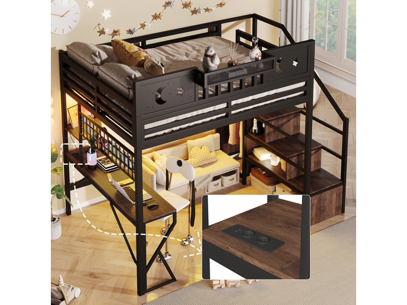  Lit mezzanine 140x200 cm, lit enfant, bureau, panneau perforé, étagères, barrière antichute, led, port usb, bois et métal noir  - Conforama C