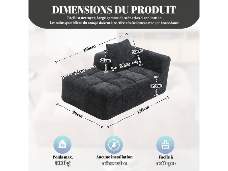  Canapé méridienne noir en chenille, sans montage, 1 place avec coussin inclus  - Conforama D