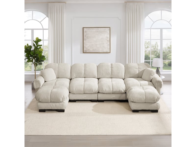  Canapé modulable 4 places 330 cm canapé droit en tissu chenille avec 2 pouf mobile, design matelassé, coussins épais, dossier ergonomique, kaki clair Seren Glow - Conforama D