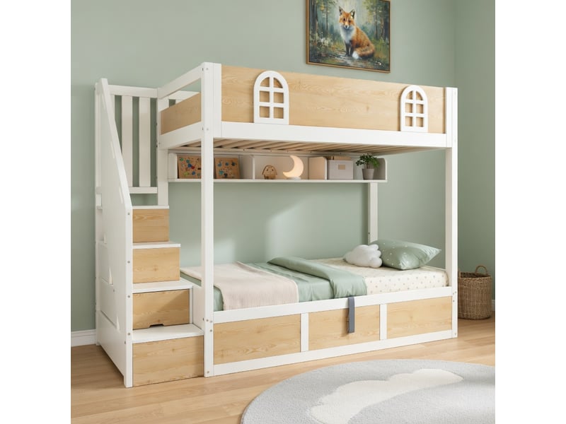 Lit superposé en bois et métal blanc et nature 90x200 cm - Conforama B