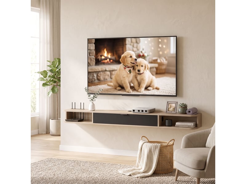  Meuble tv suspendu, meuble télé pour téléviseur jusqu'à 75 pouces, tiroir rabattable 2 étagères bois naturel 180x24x16cm  - Conforama D