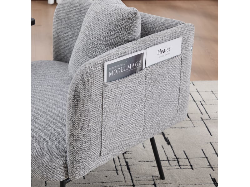 Fauteuil en chenille avec table d’appoint intégrée, poches latérales et dossier incurvé gris, 86 × 72 × 71 cm - Conforama E