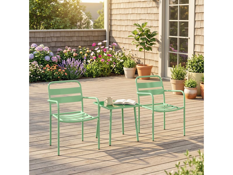  Ensemble bistrot de jardin 3 pièces - table basse en verre trempé et 2 chaises à lattes, cadre en acier galvanisé, vert  - Conforama D