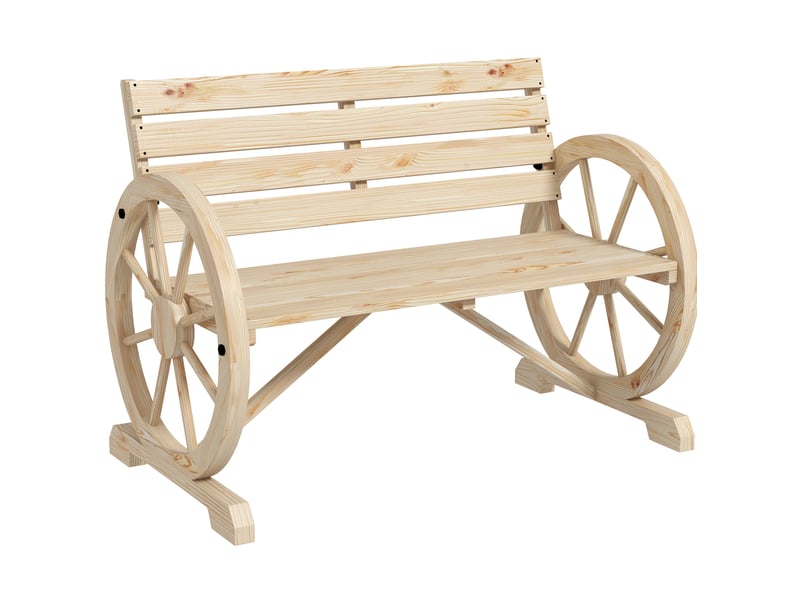  Banc de jardin 2 places 105,5x56 cm – bois naturel – accoudoirs roues, dossier large style campagne  - Conforama A