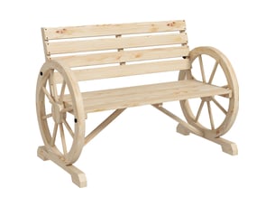 Banc de jardin 2 places 105,5x56 cm – bois naturel – accoudoirs roues, dossier large style campagne