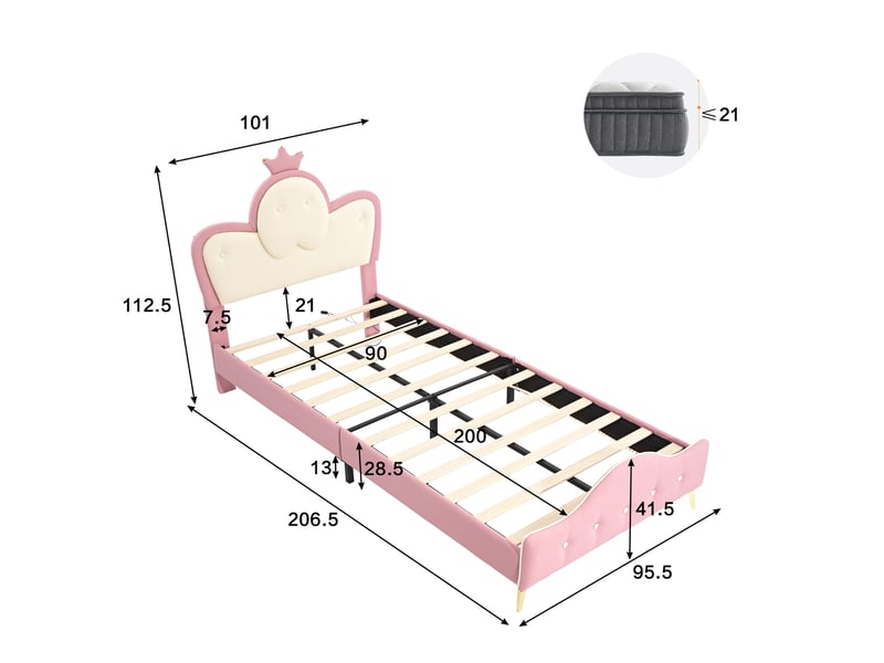  Lit enfant 90x200 cm avec led rgb, lit princesse couronne avec design vague, simili cuir pu, sommier à lattes,  pieds en métal, rose  - Conforama E