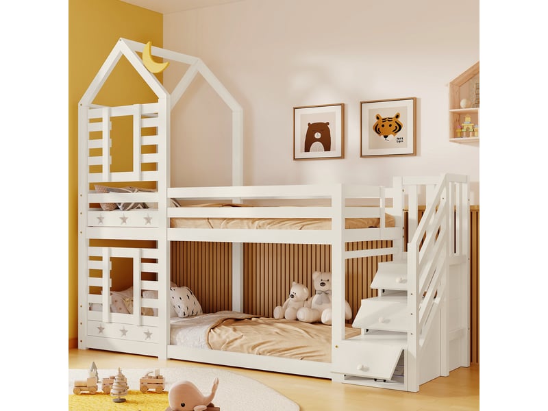  Lit superposé cabane enfant avec tiroirs 90x200 cm - bois massif blanc rangement intégré  - Conforama R