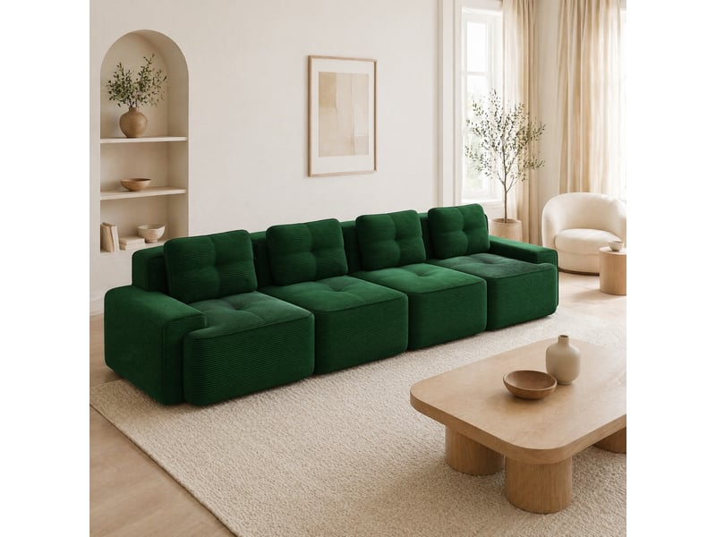 Canapé modulaire 4 places en velours côtelé avec dossier incurvé, accoudoirs larges et assise profonde vert - Conforama B