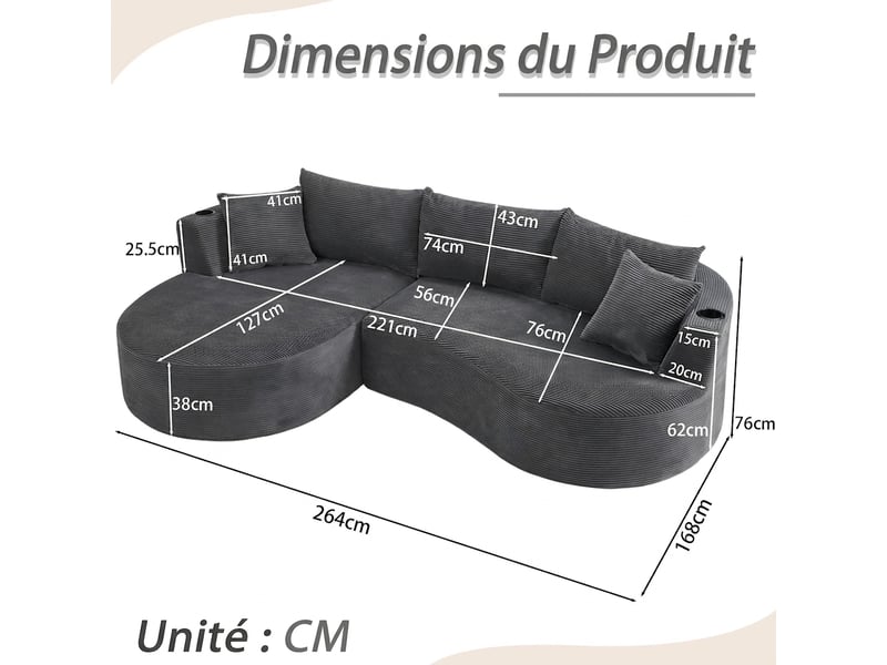  Canapé 3 places avec méridienne gauche design incurvé velours côtelé doux porte-gobelets  - Conforama C