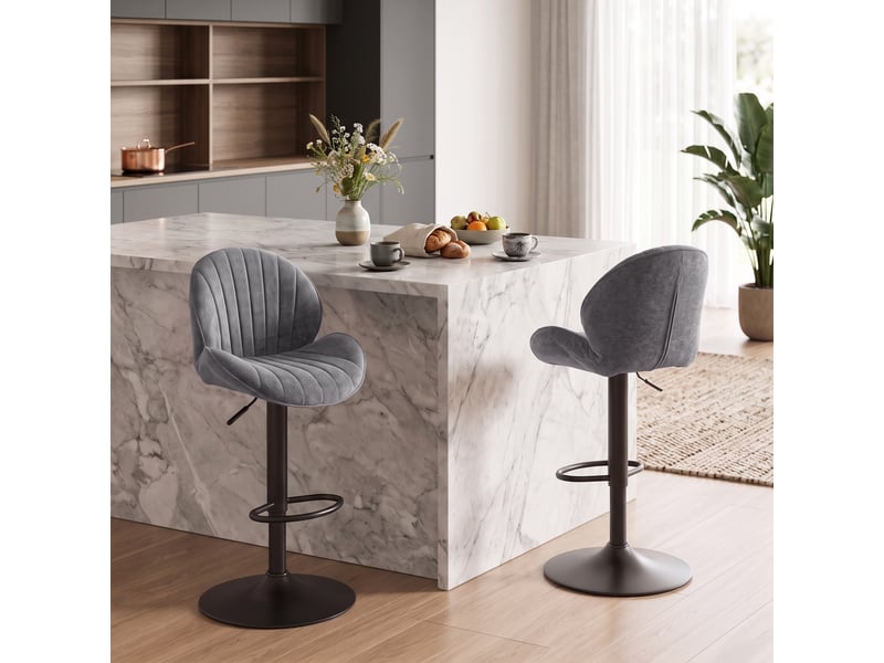  Lot de 2 tabourets de bar design coquillage pivotants réglables acier noir tissu chenille gris  - Conforama D