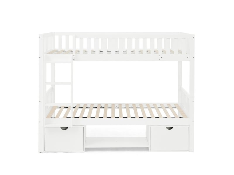  Lit double enfant, 90 × 200 cm, avec barrières de sécurité et tiroirs de rangement, échelle incluse, sans matelas, blanc  - Conforama A