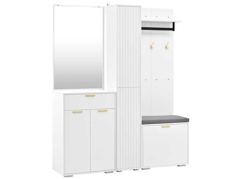  Vestiaire d'entrée 150x36x180 cm blanc en mdf et panneaux de particules, miroir, banc et rangement chaussures  - Conforama D