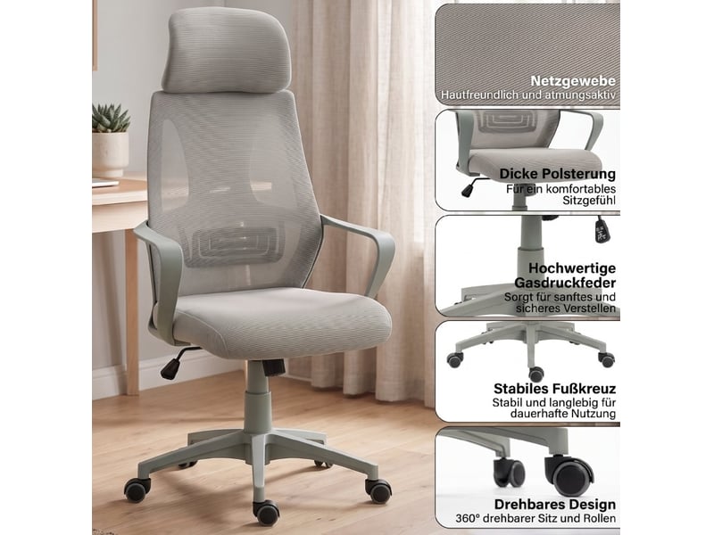  Fauteuil de bureau 64x55 cm - gris - réglable en hauteur, appui-tête, soutien lombaire et fonction basculante  - Conforama E