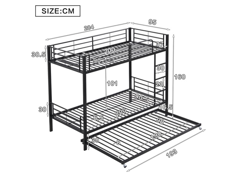 Lit superposé en métal noir pour enfants, 90x200 cm avec lit gigogne 90x190 cm - Conforama C