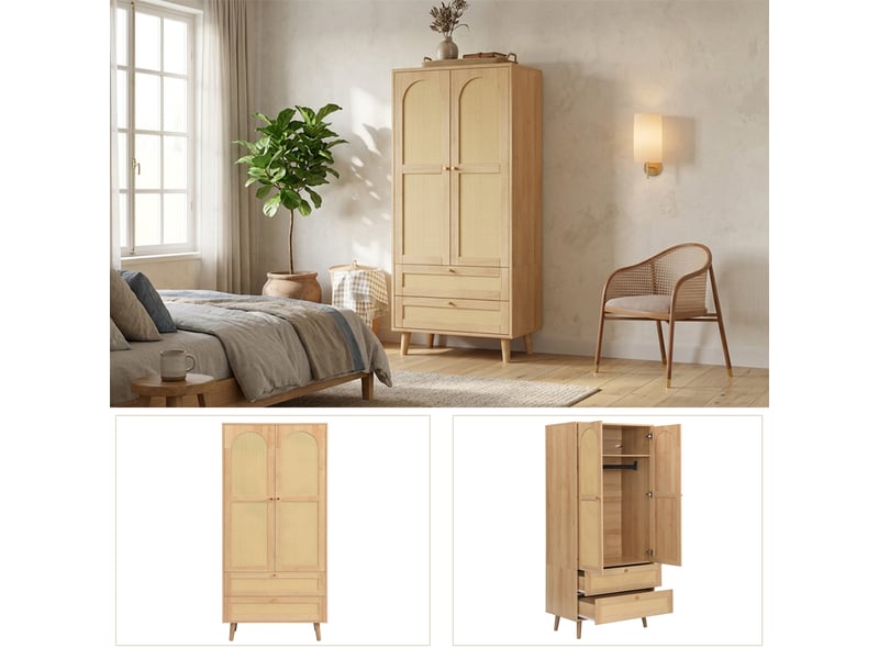  Armoire de rangement 80x50x180 cm avec portes effet rotin, penderie, étagères et 2 tiroirs, meuble dressing chambre design naturel - mdf-naturel  - Conforama B
