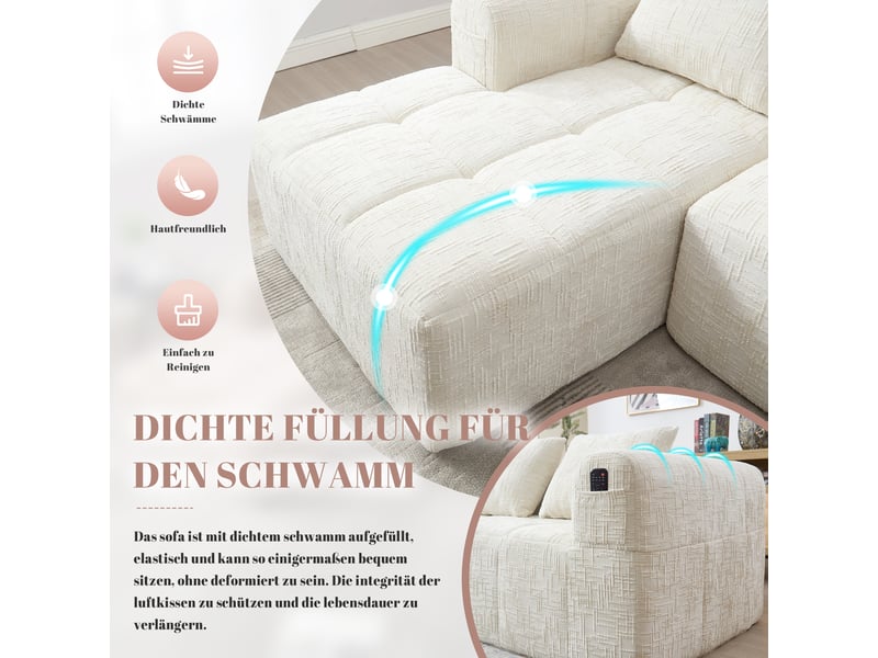 Canapé d'angle, canapé 3 places – en chenille, avec méridienne, sans montage, beige, poches latérales, avec accoudoirs - Conforama D