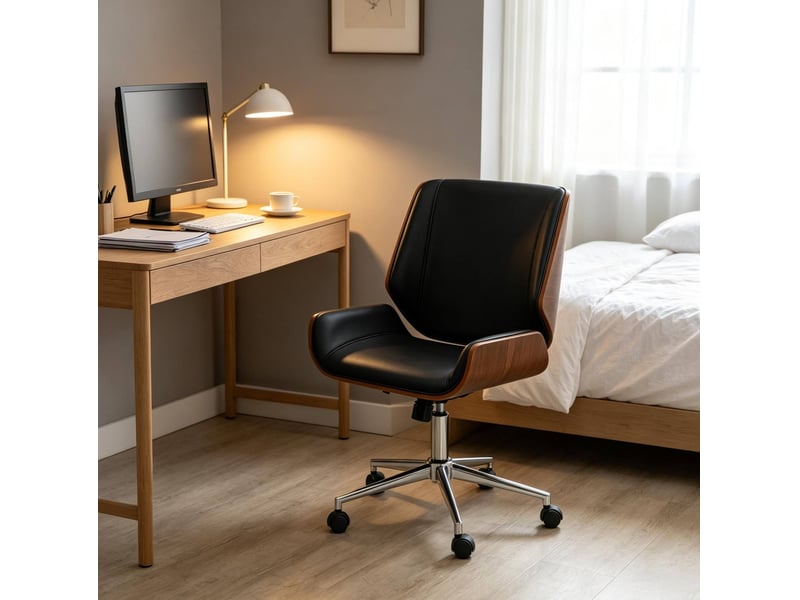  Chaise de bureau ergonomique réglable en hauteur, pivotante à 360° sur roulettes, en bois noir et marron foncé  - Conforama E