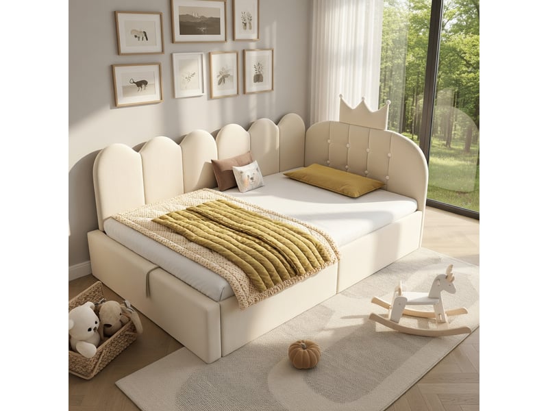  Canapé-lit pour enfant 90 x 190 cm, avec rangement hydraulique, en velours, beige  - Conforama B