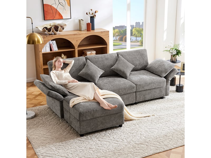  Canapé d'angle, canapé convertible, 3 places, en tissu chenille, gris, adapté à l'espace de vie, avec pouf  - Conforama R