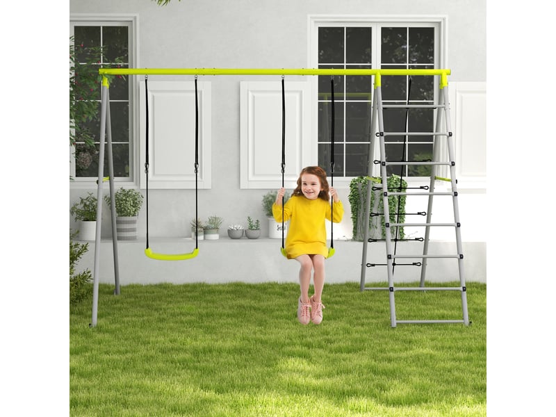 4 en 1 balançoire portique pour enfant avec 2 siège de balançoire échelle grimpeuse et filet d'escalade vert  - Conforama B