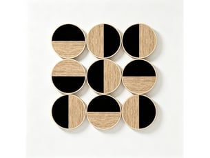 Décoration murale 3d en métal, mdf et miroir, 60 x 60 cm, design géométrique noir et bois clair
