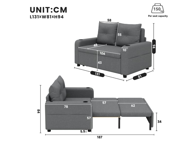  Canapé convertible 2 places 3-en-1 131x81x94 cm, couchage 187 cm, porte-gobelets, poches latérales, usbtype-c - gris  - Conforama D