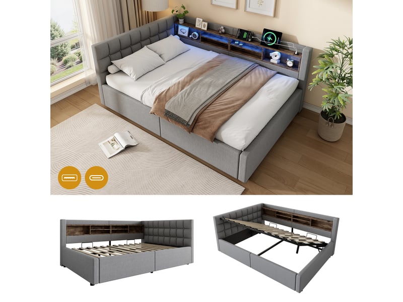  Lit de jour, canapé-lit, 140 x 200 cm, sans matelas, suspension hydraulique, avec bande led à intensité variable, étagère pratique et port usb, gris  - Conforama B