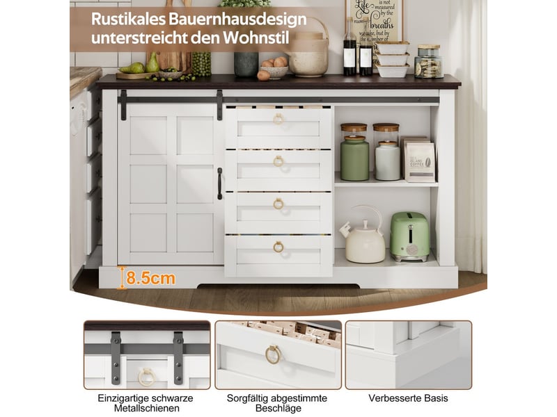  Buffet 150 x 40 x 85 cm, avec espace de rangement, portes coulissantes et quatre tiroirs, blanc  - Conforama E