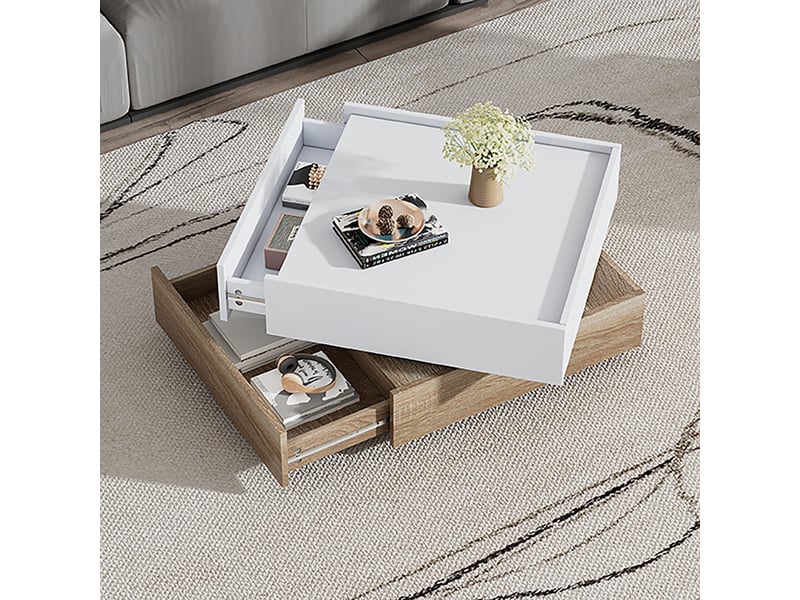  Table basse pivotante 360 carrée 60x60cm, table de salon avec 2 tiroirs, blanc et noyer  - Conforama B