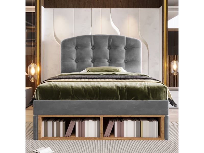  Lit simple 90x200 cm, lit rembourré en velours avec tête de lit courbée réglable en hauteur, tiroirs de rangement, sommier à lattes - gris  - Conforama E
