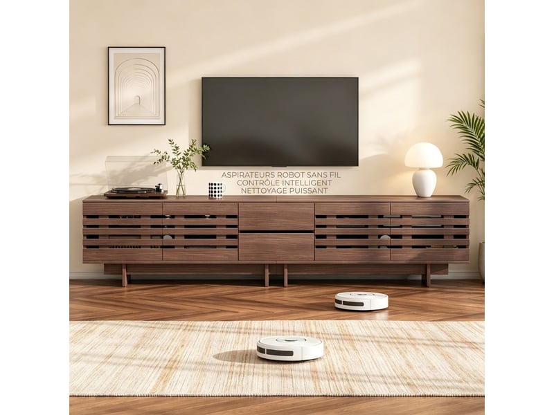 Meuble tv noyer 200 cm avec 4 portes et 2 tiroirs, pour tv jusqu'à 80 pouces  - Conforama B