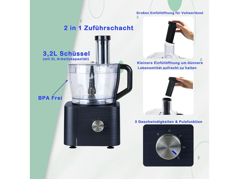  Robot de cuisine multifonction 1100 w avec bol 3,2 l et récipient 1,5 l, 3 vitesses, fonction pulse et accessoires  - Conforama B