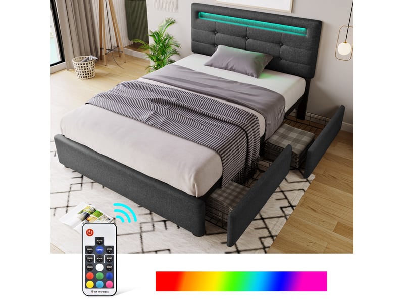  Lit avec rangement 90x200 cm – lit simple avec tête de lit réglable et led, lin et métal, sans matelas, gris  - Conforama B