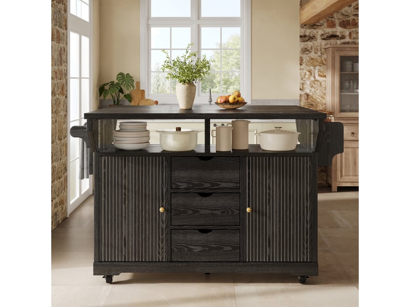  Desserte cuisine, îlot central sur roulettes avec plan de travail, plateau extensible, 3 tiroirs, dimensions 142,5 x 80 x 95 cm, mdf, noir  - Conforama D