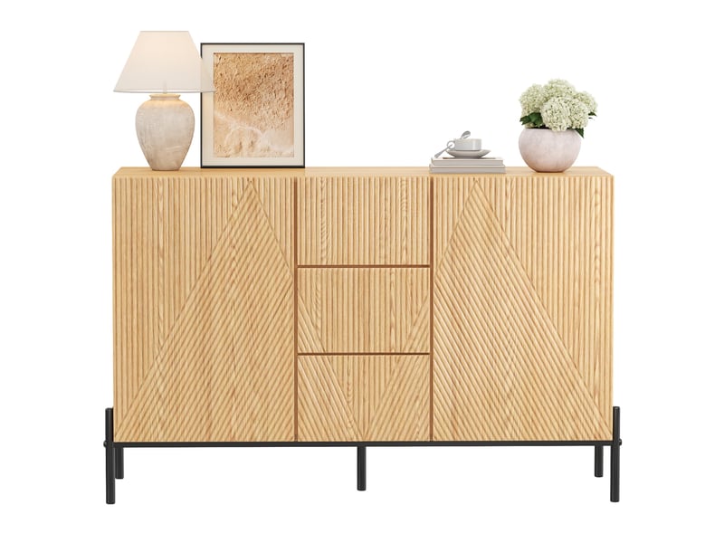  Buffet moderne en bois naturel 115cm, meuble de rangement avec 2 portes et tiroir, pieds métal  - Conforama A