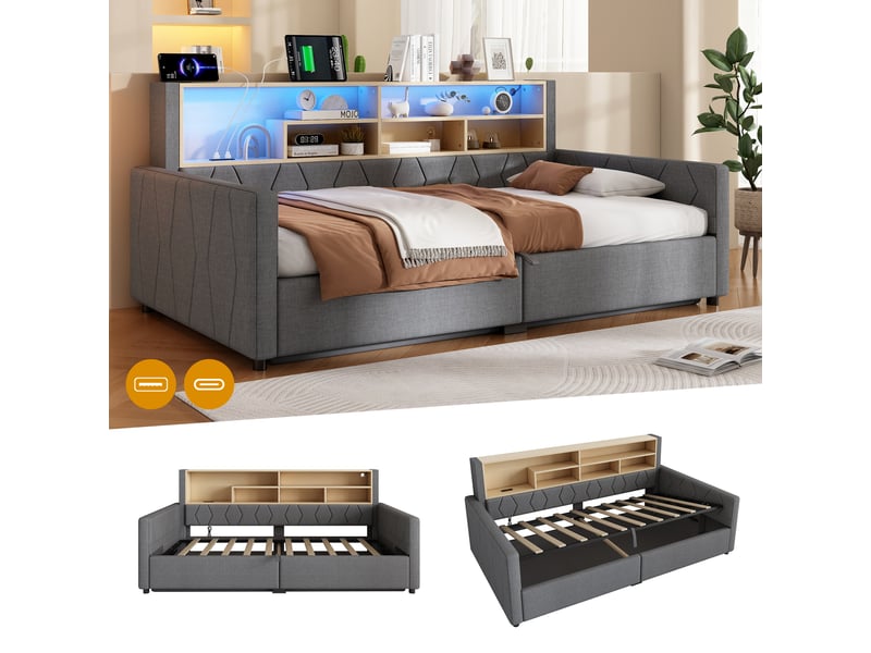  Lit coffre hydraulique 90x200 cm avec led, usb-a et usb-c, tissu lin gris, structure mdf, sans matelas  - Conforama E