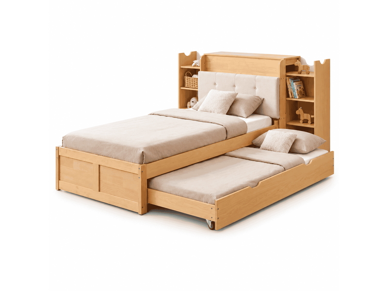  Lit gigogne enfant 90x200 cm extensible 180x200 cm avec roulettes, rangement, tête de lit étagères en bois massif - naturel  - Conforama A