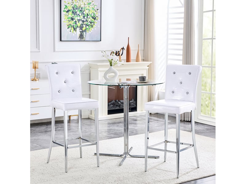  Tabouret de bar lot de 2 avec dossier haut, repose-pieds et boutons décoratifs, pieds en métal chromé, pvc blanc  - Conforama B