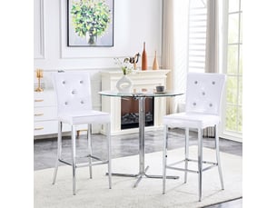 Tabouret de bar lot de 2 avec dossier haut, repose-pieds et boutons décoratifs, pieds en métal chromé, pvc blanc