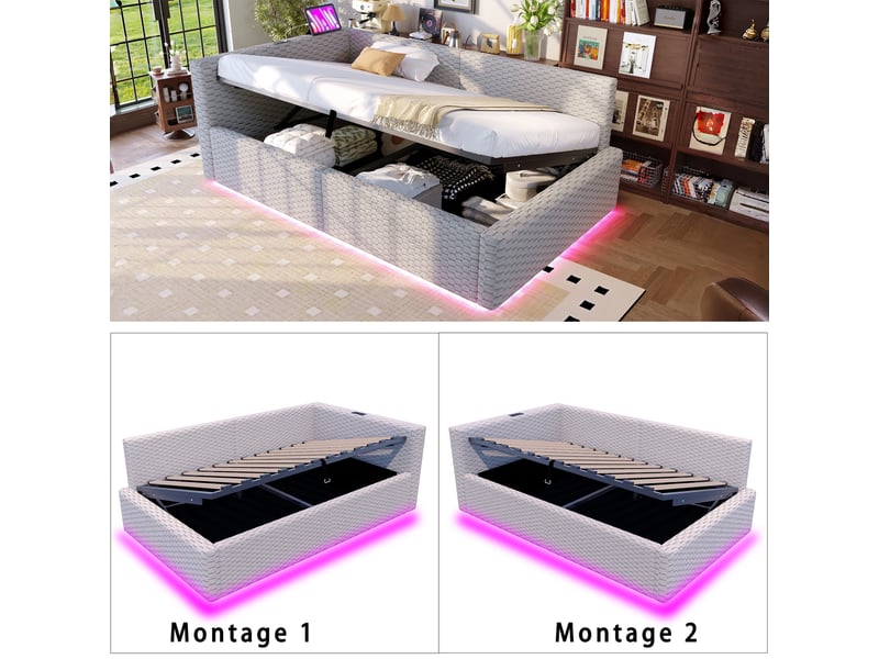  Lit coffre simple 90×200 cm avec led, 2 ports usb et port usb type c - okmyhome- velours gris, sans matelas  - Conforama E