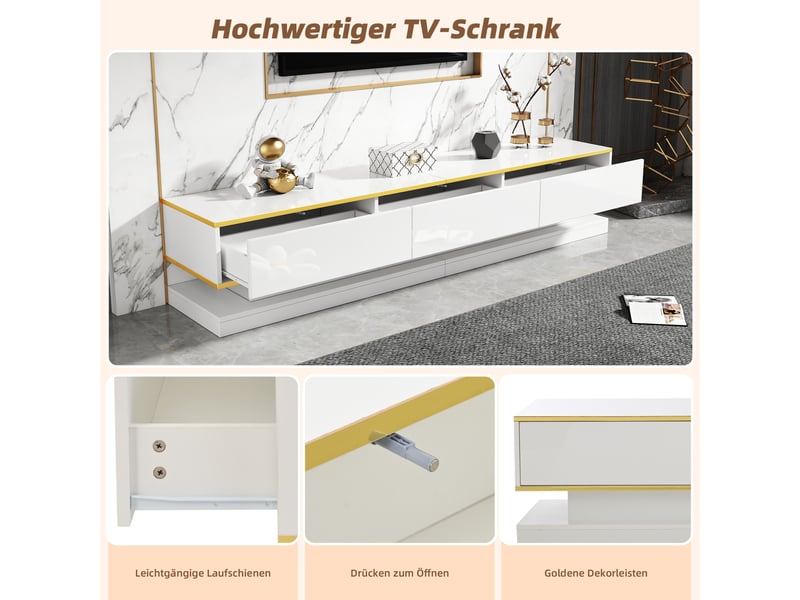 Ensemble meuble tv et table basse brillant – 3 tiroirs sur le meuble tv, 2 tiroirs sur la table – finitions dorées – blanc  - Conforama D