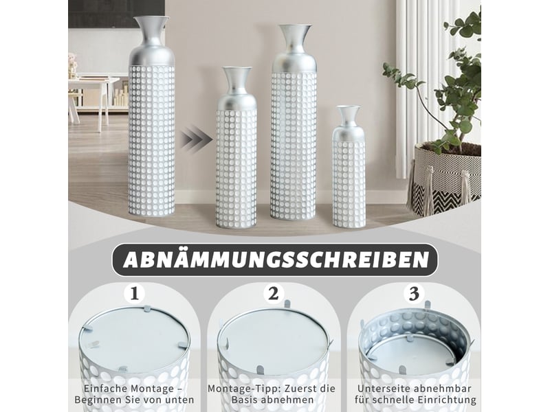  Lot de 3 vases de sol en métal argenté, h 49,5, 66 et 84 cm, motif à pois, pour fleurs séchées  - Conforama D