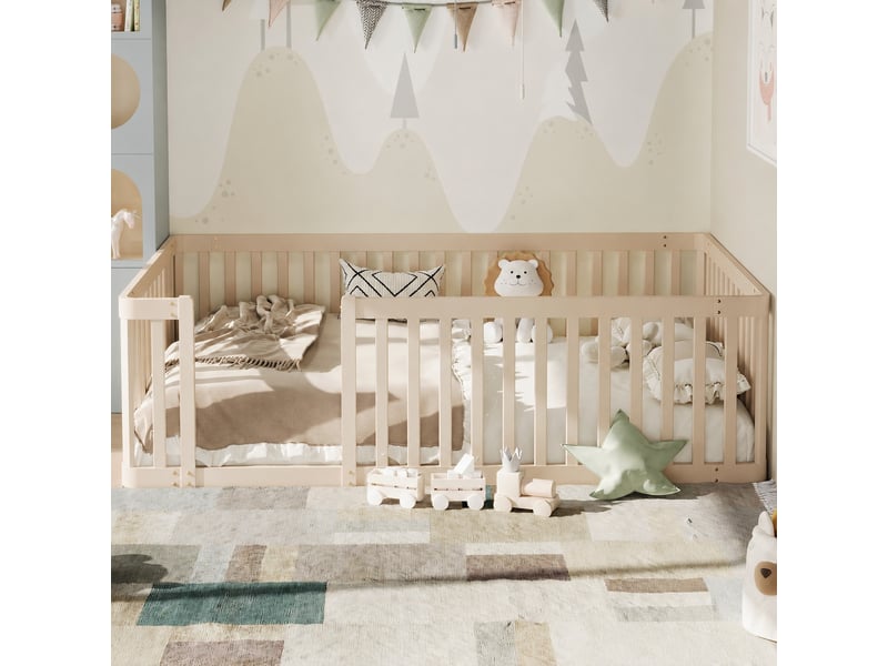 Lit enfant 90x200 avec barrière en pin massif et espace de jeu, crème  - Conforama C