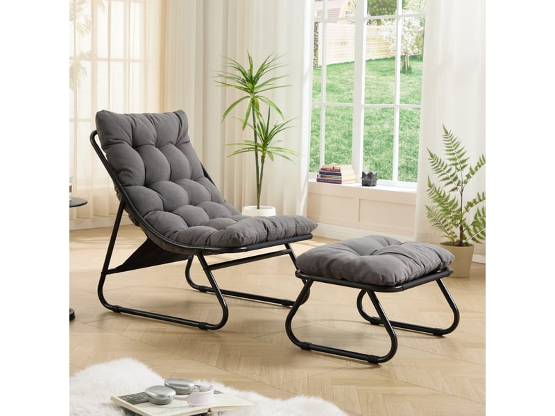  Fauteuil de détente extérieur avec repose-pieds en acier noir et coussins gris  - Conforama D