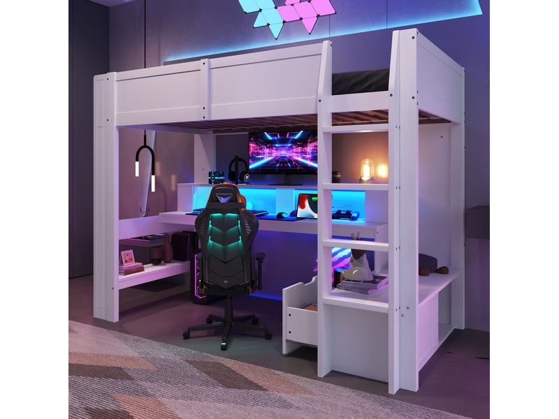  Lit mezzanine 90x200 cm avec bureau, rangements et led,coloris blanc  - Conforama D