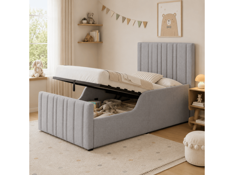  Lit coffre 90x200 cm, lit enfant, sommier à lattes, rangement hydraulique, tête de lit rembourrée, lin gris  - Conforama A