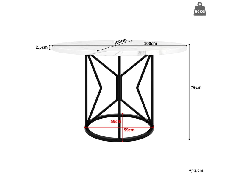  Table à manger ronde 100 x 100 x 76 cm, mdf effet marbre, piètement métal noir  - Conforama C