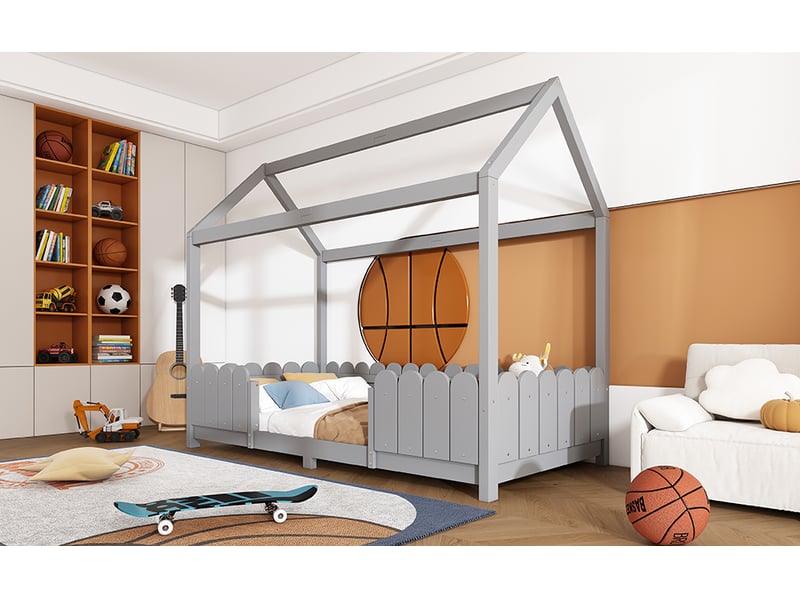  Lit cabane 90x200 cm,avec toit ouvert, barrières latérales, sommier à 15 lattes inclus,cadre en pin et mdf,gris  - Conforama B